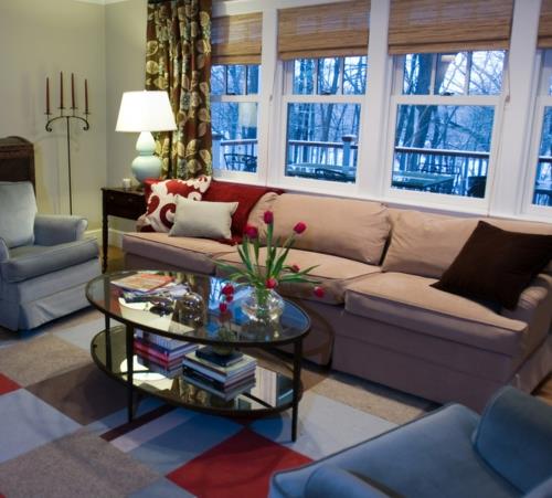 Χαλί πλακάκι στυλ τακτοποιήστε σαλόνι καναπέδες παράθυρα τουλίπες