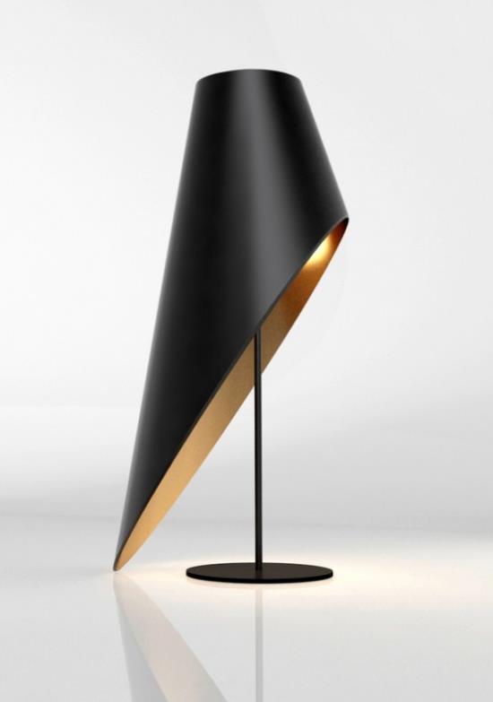 Επιτραπέζια φωτιστικά με ασυνήθιστα ευφάνταστα σχέδια, ενδιαφέρουσα ασυμμετρία σχήματος λαμπτήρα σε μαύρο και χρυσό