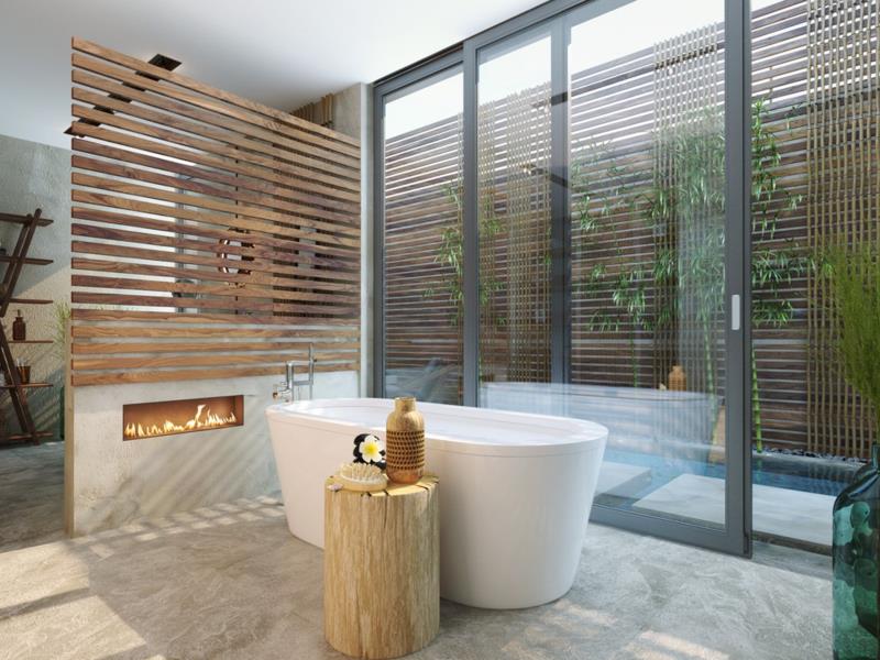 Ονειρεμένα μπάνια ανεξάρτητα μπανιέρα τζάκι ξύλινα έπιπλα μπάνιου