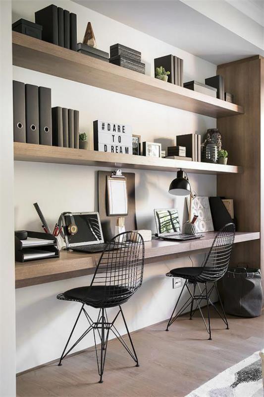 Οι τάσεις 2021 στο εσωτερικό σχέδιο κομψό μοντέρνο γραφείο στο σπίτι απλές μορφές ευθείες γραμμές σιωπηλά χρώματα μπεζ καφέ σοκολάτα