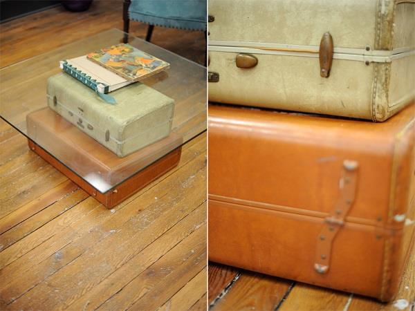 Μοντέρνα έπιπλα από παλιές βαλίτσες για να φτιάξετε τον εαυτό σας γυάλινο τραπέζι