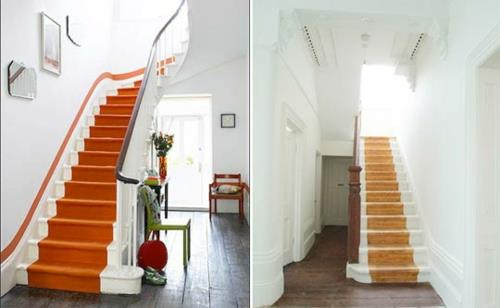 Σκαλοπάτια και χαλιά για ξύλινες σκάλες πορτοκαλί πριν και μετά