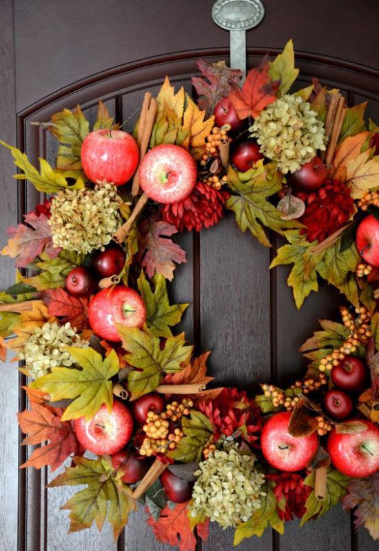 Στεφάνι πόρτας με μήλα μπερδεμένα κόκκινα μήλα ορτανσίες φθινόπωρο αφήνει υπέροχο DIY έργο