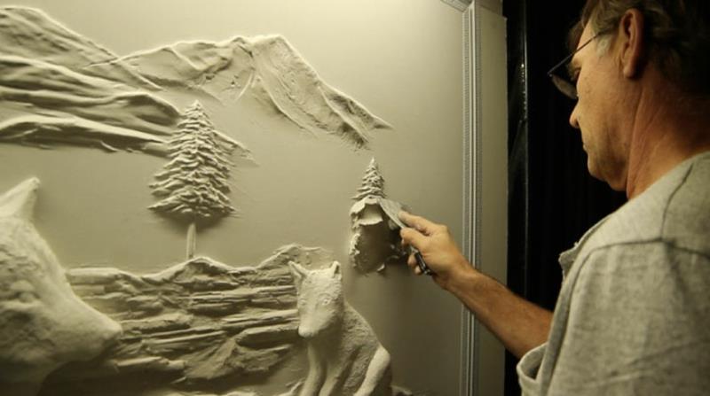 Ο κατασκευαστής γυψοσανίδας Bernie Mitchell στη δουλειά 3D ιδέες διακόσμησης τοίχου γυψοσανίδας