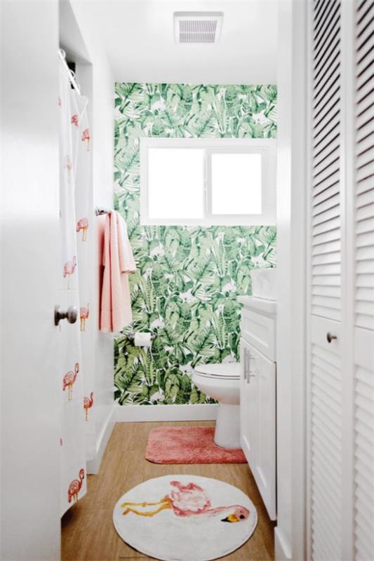 Τροπικό ντεκό στο μπάνιο όμορφο δωμάτιο τοιχογραφίες τοίχου πράσινα φύλλα κουρτίνα μπάνιου μοτίβο ροζ φλαμίνγκο