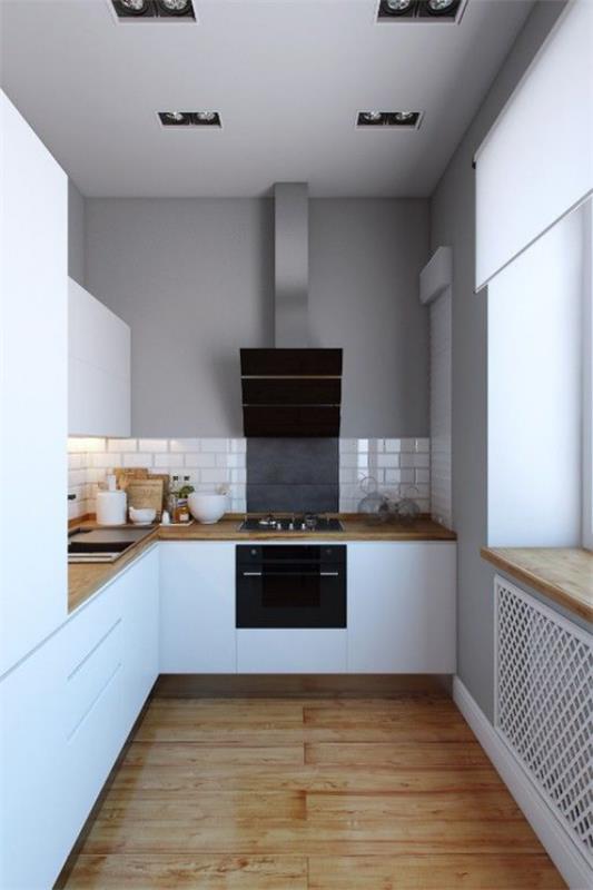 Υπόγεια κουζίνα καθαρή κουζίνα σχεδιασμός λευκά ντουλάπια λευκό πλακάκι μετρό ξύλινες επιφάνειες εργασίας