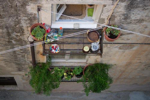 Αστικές γλάστρες κηπουρικής με πράσινα φυτά στο μικρό μπαλκόνι