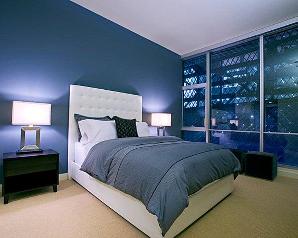 Χρώματα τοίχου στο υπνοδωμάτιο σκούρο μπλε μοντέρνο άνετο