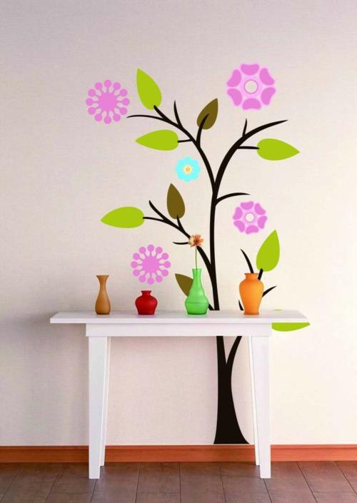 Διακόσμηση τοίχου με αυτοκόλλητα τοίχου λουλούδια πολύχρωμα αυτοκόλλητα τοίχου τραπέζι λευκό ξύλο