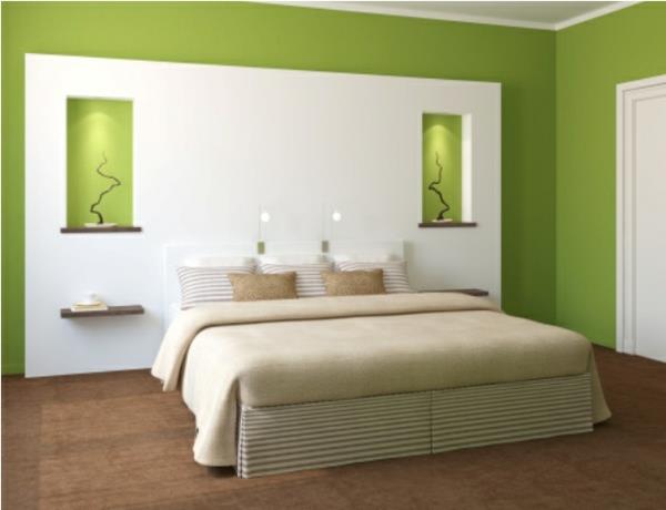 Βαφή τοίχου σε αποχρώσεις του υπνοδωματίου πράσινου κρεβατιού
