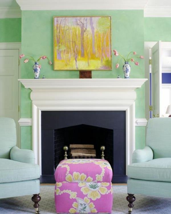 Χρώματα τοίχου για το σαλόνι θηλυκό μέντα πράσινο ροζ σκαμπό
