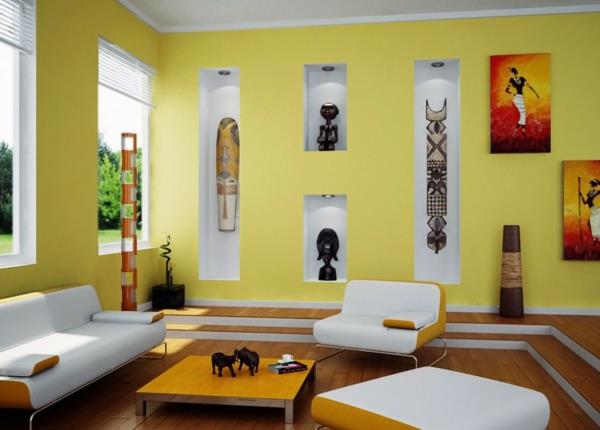 Χρώματα τοίχων για το σαλόνι φωτεινά κίτρινα ζωηρά μοτίβα ινδικών συμβόλων