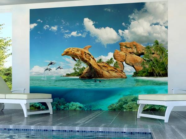 Σχεδιασμός τοίχου με τοιχογραφίες τοίχου βράχους θαλάσσια δελφίνια