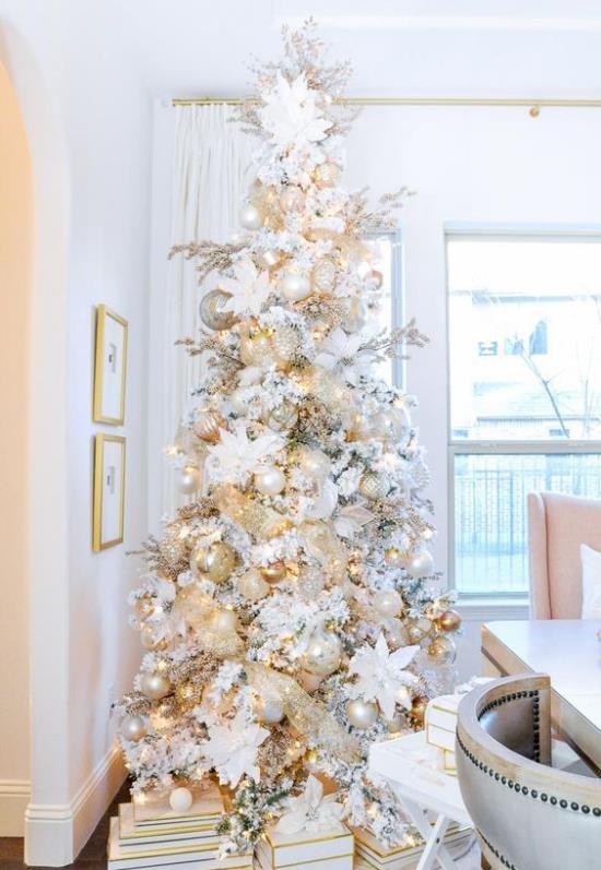 Το χριστουγεννιάτικο δέντρο διακοσμεί το όμορφα διακοσμημένο χριστουγεννιάτικο δέντρο σε λευκό και ασημί χρώμα, συμπεριλαμβανομένων των δώρων που πραγματικά τραβούν τα βλέμματα στο δωμάτιο