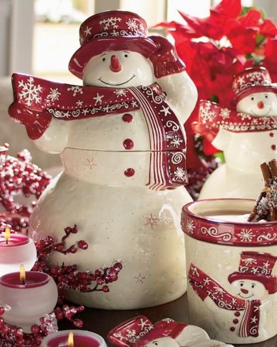 Χριστουγεννιάτικες ιδέες διακόσμησης σε κόκκινο και άσπρο Χιονάνθρωπο φιγούρα περισσότερα στολίδια κεριά poinsettia