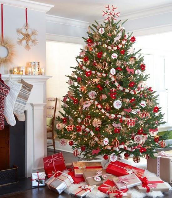 Χριστουγεννιάτικες ιδέες διακόσμησης σε κόκκινο και λευκό χριστουγεννιάτικο δέντρο με όμορφα τυλιγμένα δώρα από κάτω