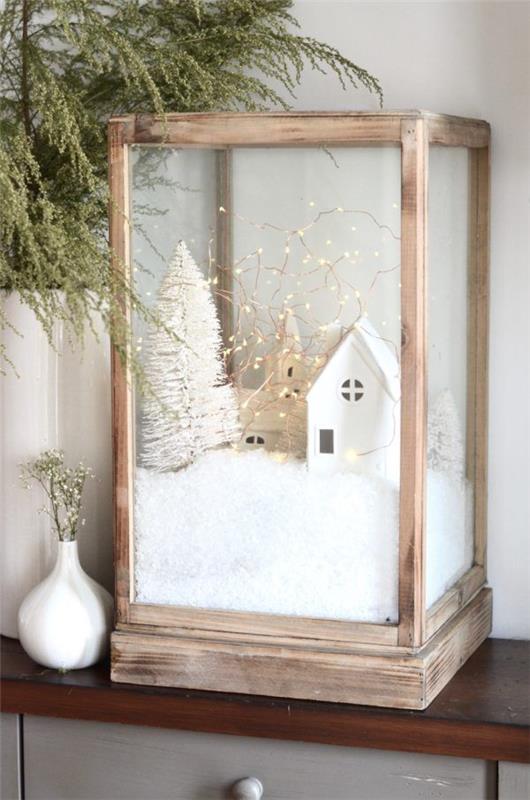 Χειμερινές διακοσμήσεις Tinker για τα Χριστούγεννα παρουσιάζουν το τοπίο του τεχνητού χιονιού του χωριού
