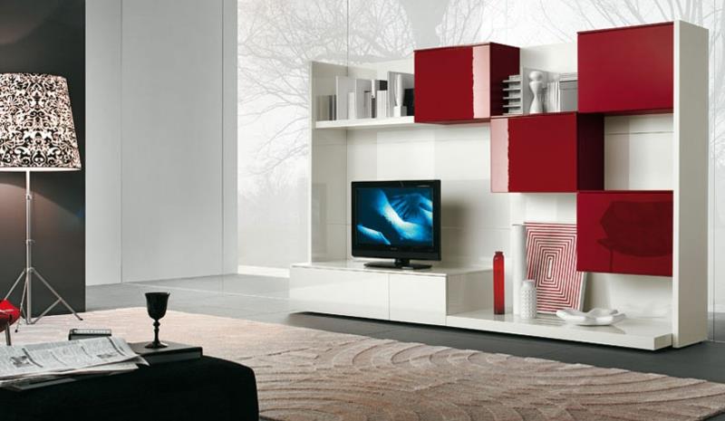 Μοντέρνα μοντέρνα λευκά κόκκινα ράφια πρακτικοί τοίχοι τηλεόρασης