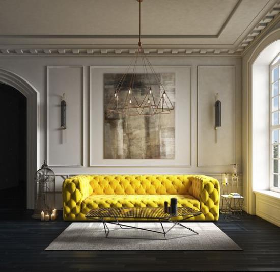 Το σαλόνι επεκτείνει οπτικά κομψό σχεδιασμό δωματίου πολύ φυσικό φως ασυνήθιστο καναπέ σε χρυσό κίτρινο χρώμα που τραβάει τα βλέμματα