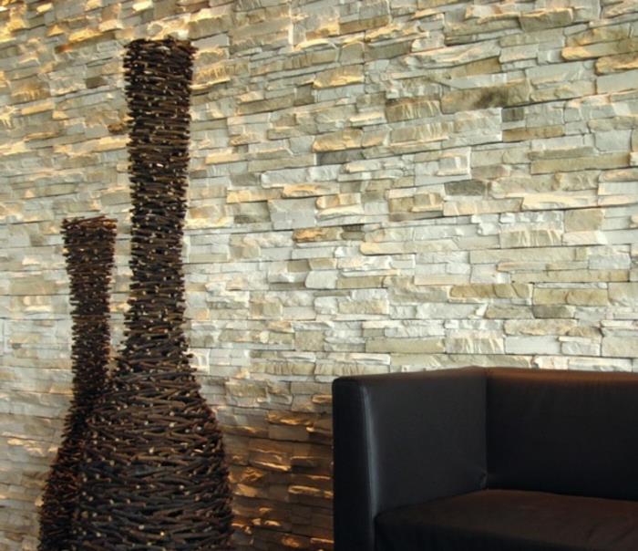 Ιδέες για σαλόνι διακοσμητικά αντικείμενα που διακοσμούν βάζα πέτρινο τοίχο σχεδιασμός σαλονιού