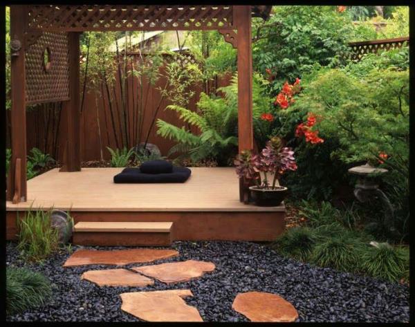 Δημιουργήστε και σχεδιάστε έναν κήπο γιόγκα. Ξύλινη πλατφόρμα, πολύ πράσινο, λουλούδια, πέτρες, κρυμμένα από τη θέα, ήσυχα, οικεία