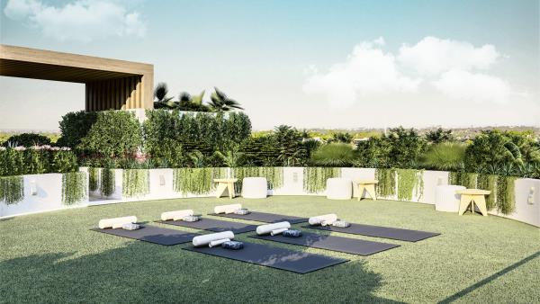Δημιουργήστε και σχεδιάστε έναν κήπο γιόγκα, τον τέλειο εξωτερικό χώρο για μια ομάδα λάτρεις της γιόγκα, όμορφο πρακτικό σχεδιασμό στρώματος γιόγκα στο κέντρο