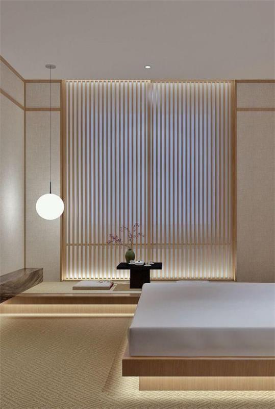 Ζεν υπνοδωμάτιο ισορροπημένη ατμόσφαιρα δωματίου ήρεμη μινιμαλιστική σχεδίαση δωματίου σκοτεινό παράθυρο κρεμαστή λάμπα