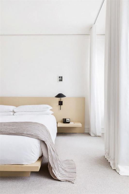 Ζεν υπνοδωμάτιο φωτεινή ατμόσφαιρα λευκά κλινοσκεπάσματα καλύτερη παραγγελία τέλεια καθαριότητα