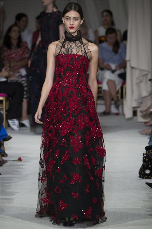 βραδινά φορέματα μακρύ κοκτέιλ φόρεμα μαύρο κόκκινο τριαντάφυλλο μοτίβο δαντέλα τούλι 2016 oscar de la renta