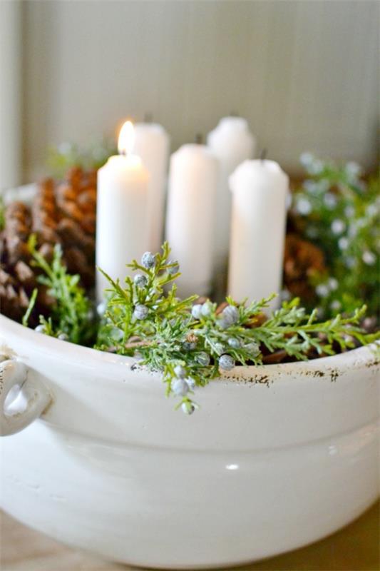 tinker advent στεφάνι πήλινο μπολ πεύκα λευκά κεριά