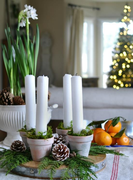 tinker advent στεφάνι λευκά κεριά πεύκα πράσινα χωνάκια γλάστρες