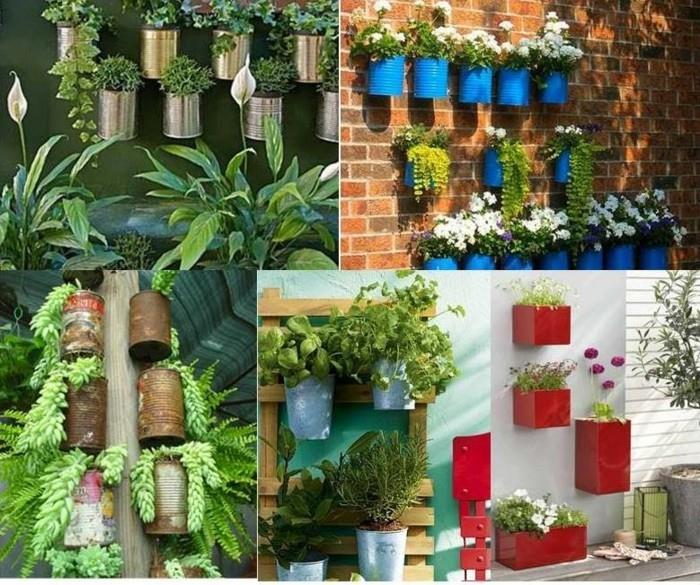 παλιά δοχεία από κασσίτερο ανακυκλώνοντας ιδέες κήπου σχεδιασμός τοίχου φτιάξτε γλάστρες μόνοι σας