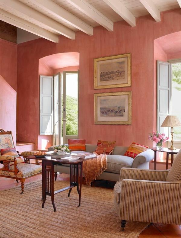 σκούρο ροζ χρώμα τοίχου σαλόνι κλασικά vintage ξύλινα δοκάρια