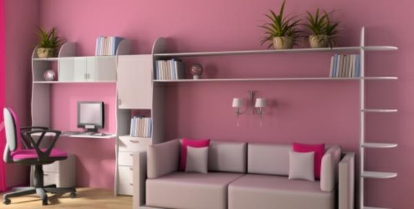 σκούρο ροζ χρώμα τοίχου σαλόνι κλασικό vintage ράφια καναπέ