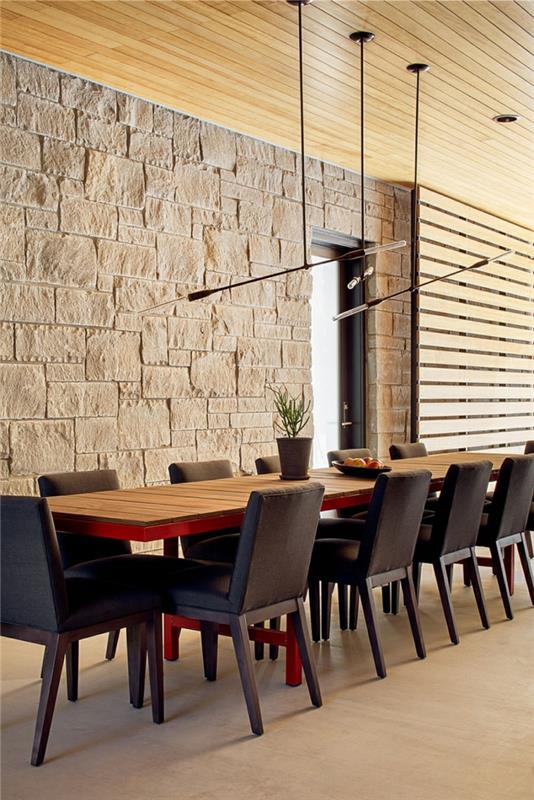 Αμερική εξοχική κατοικία Τέξας ακτές σκι Lakehouse τραπεζαρία πέτρινοι τοίχοι ξύλινη οροφή