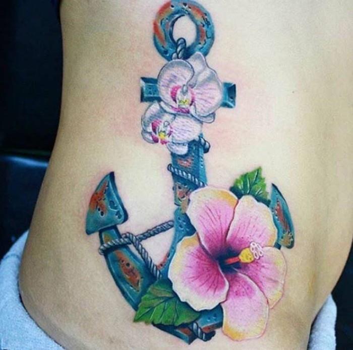 άγκυρα τατουάζ πολύχρωμο 3d με ιβίσκο και ορχιδέες