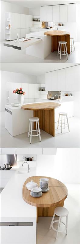 Πάγκος κουζίνας λευκό οβάλ τραπέζι υφή ξύλου