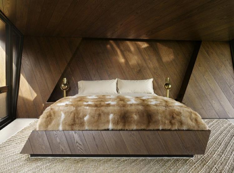αρχιτεκτονική και σχεδιασμός αρχιτέκτονας σπίτι κρεβατοκάμαρα με γούνινη κουβέρτα μοκέτα ξύλινη επένδυση τοίχου