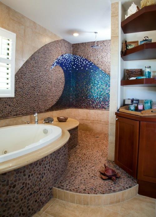 ελκυστικό μπάνιο σχεδιασμό μπανιέρα ψηφιδωτό τοίχο σχεδιασμός θάλασσα