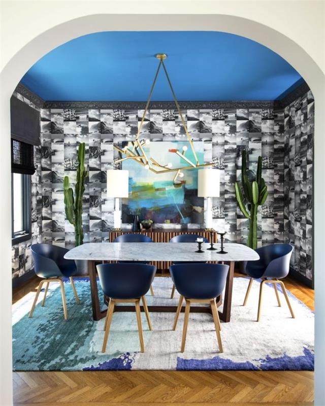 ελκυστική ταπετσαρία σχεδιασμού τοίχου σε πέτρινη όψη μπλε καρέκλες οροφής λευκό χαλί τραπεζαρίας