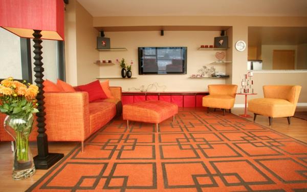 ελκυστική παλέτα χρωμάτων σε καναπέ εσωτερικής διακόσμησης με πορτοκαλί υφές