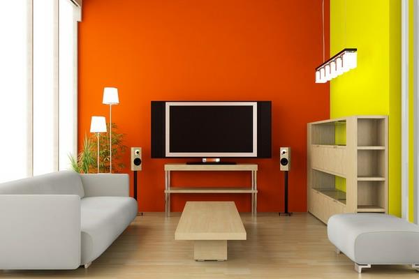 ελκυστική παλέτα χρωμάτων στο εσωτερικό σαλόνι πορτοκαλί κόκκινο τοίχο