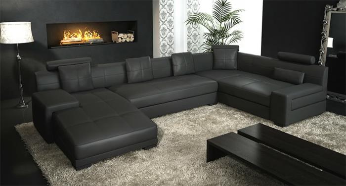 φανταχτεροί καναπέδες μαύρος δερμάτινος καναπές μπεζ τζάκι χαλιού