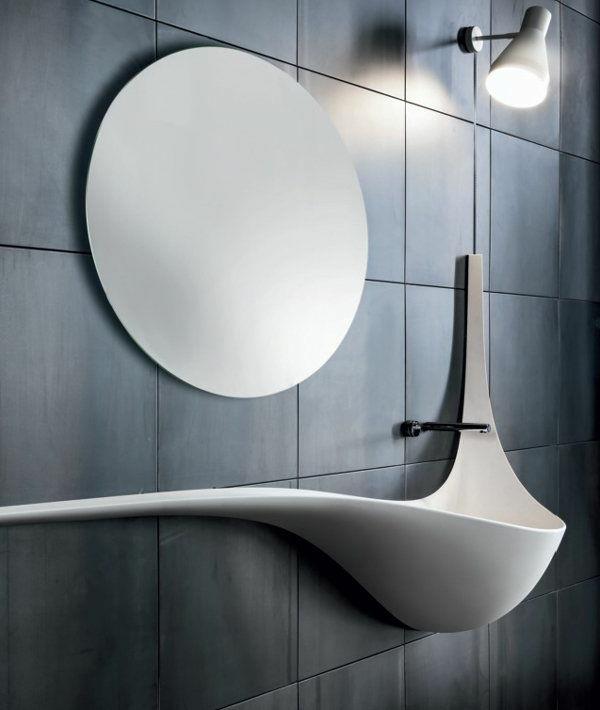 στρογγυλό καθρέφτη μπάνιου παραλειπόμενο νεροχύτη στρογγυλό καθρέφτη μπάνιου πλακάκια μπάνιου σκούρο γκρι
