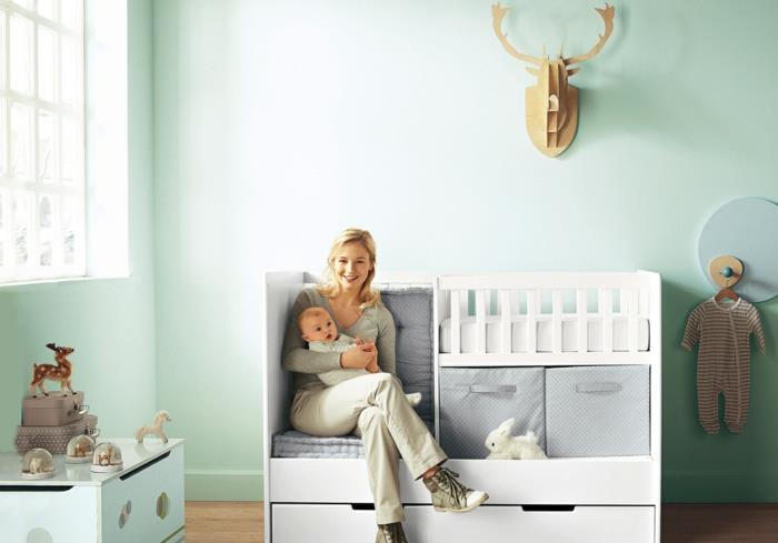 αγοράστε κρεβάτι μωρού λειτουργικό σχεδιασμό χώρο αποθήκευσης καθισμάτων ανοιχτό πράσινο χρώμα τοίχου