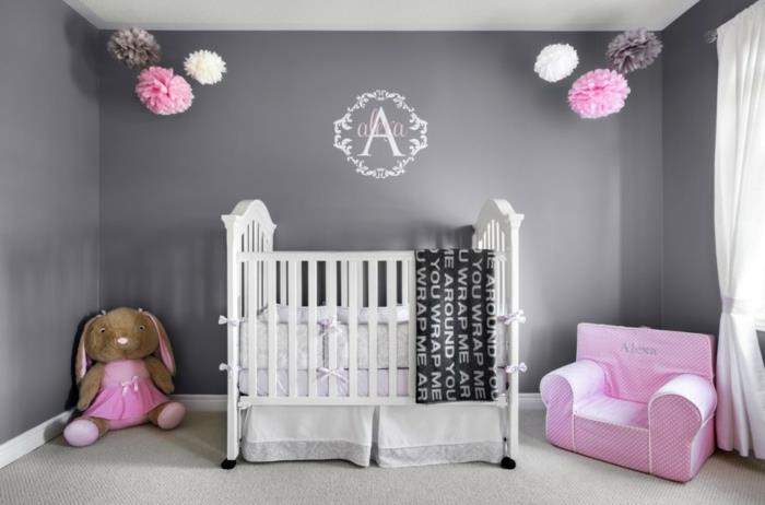 βρεφική κούνια αγοράστε χρήσιμες συμβουλές δωμάτιο μωρού μοκέτα ροζ πολυθρόνα γκρι χρώμα τοίχου