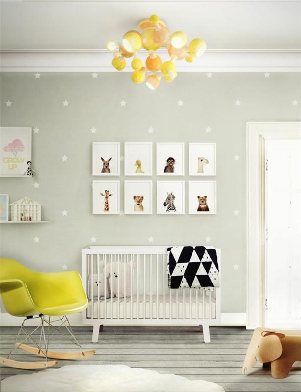 παιδικό δωμάτιο χρώματα σανίδα πάτωμα κίτρινη κουνιστή πολυθρόνα