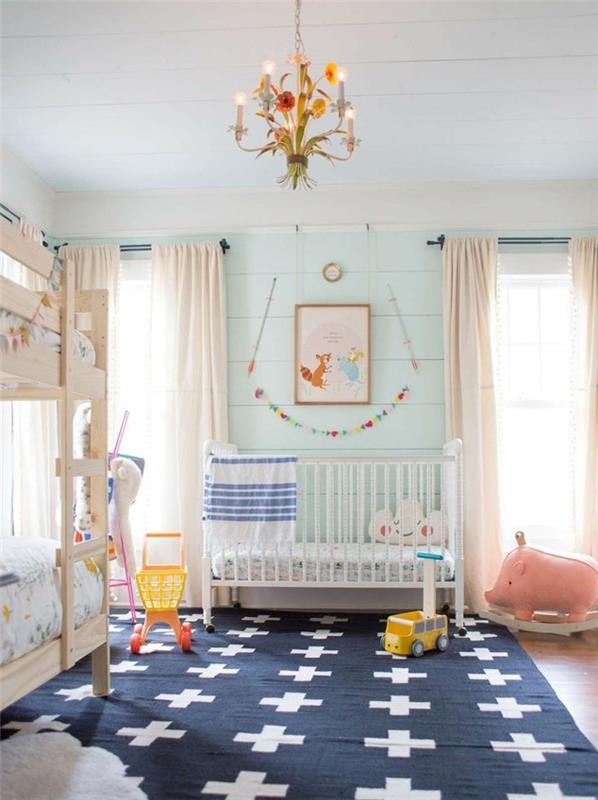μωρό δωμάτιο χρώματα ανοιχτό πράσινο προφορά τοίχο μπλε χαλί