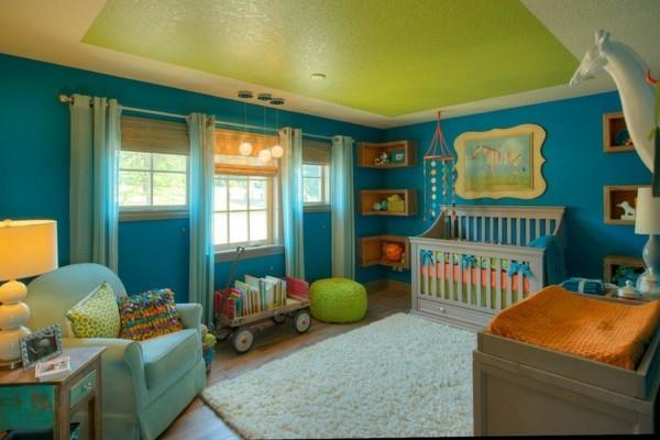 μωρό δωμάτιο αγόρι ιδέες μπλε τοίχοι πράσινο ταβάνι ελαφρύ χαλί