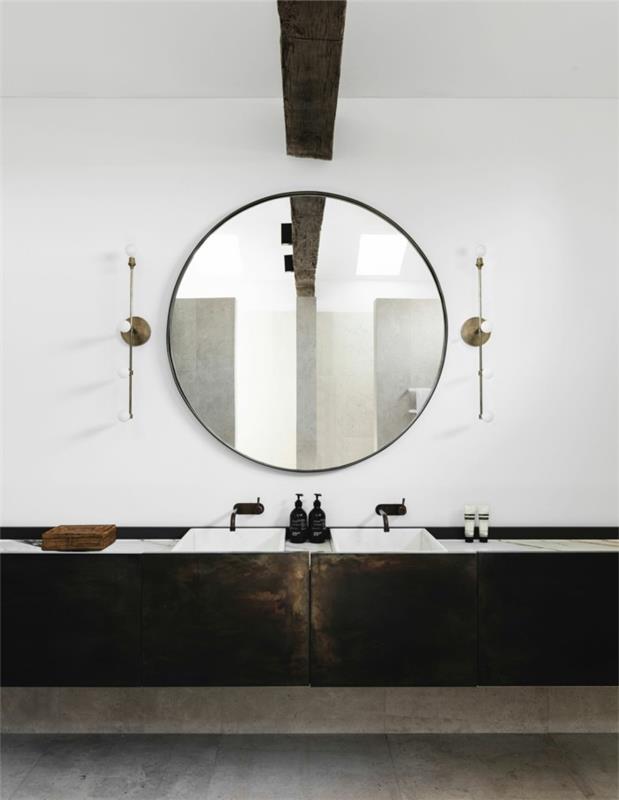 ιδέες μπάνιου στρογγυλό καθρέφτη ως έμφαση στον τοίχο
